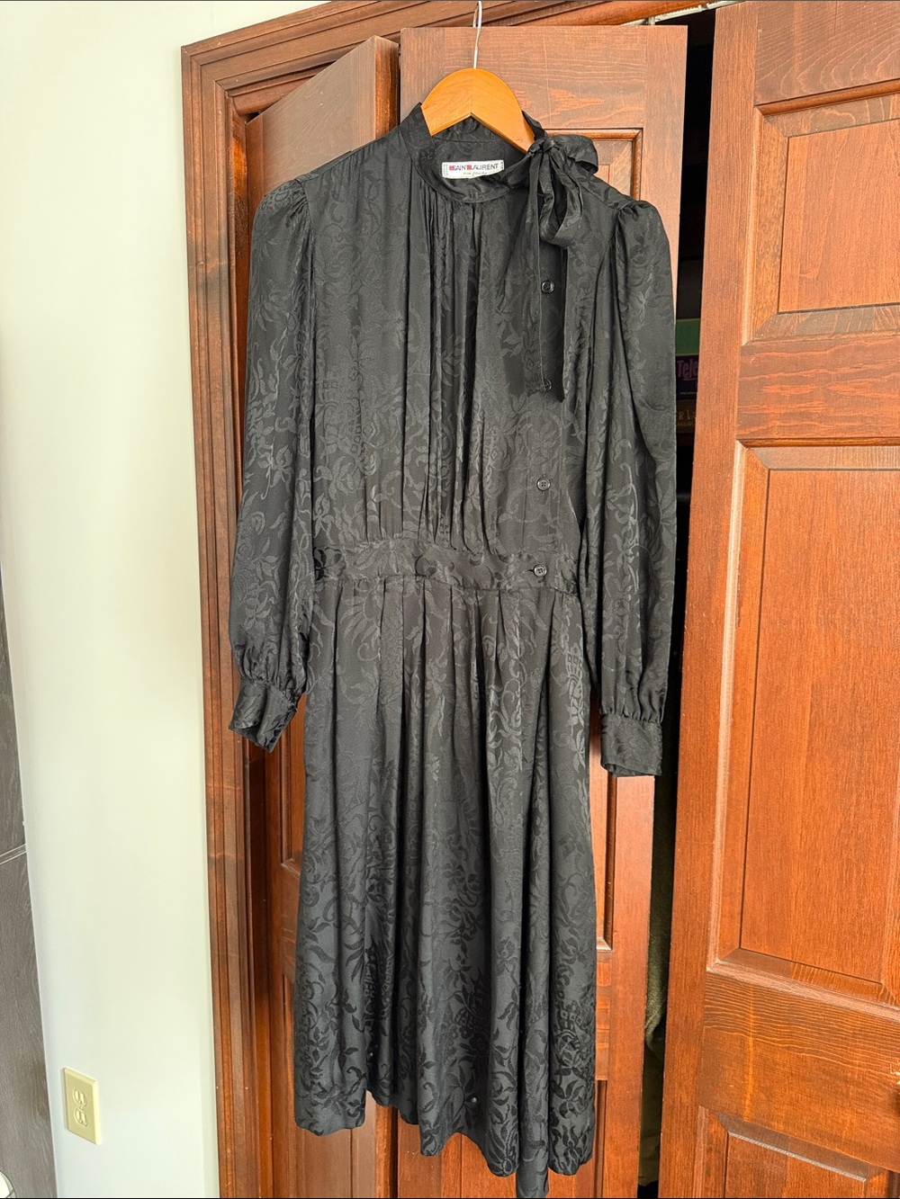 Vintage 1970s Saint Laurent Rive Gauche Silk Black Jacquard Secretary Dress